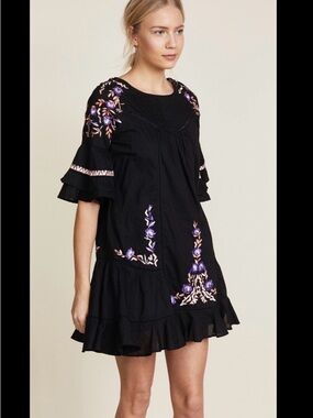Free People Black Mini Dress with Lavender & Pink Embroidered Florals